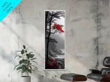 Red Tree, Misty Coast, Autumn Serenity, Coastal Nature Wall Art, Framed Canvas Print, Moody Landscape, Fall Living Room Decor, Minimalist Art