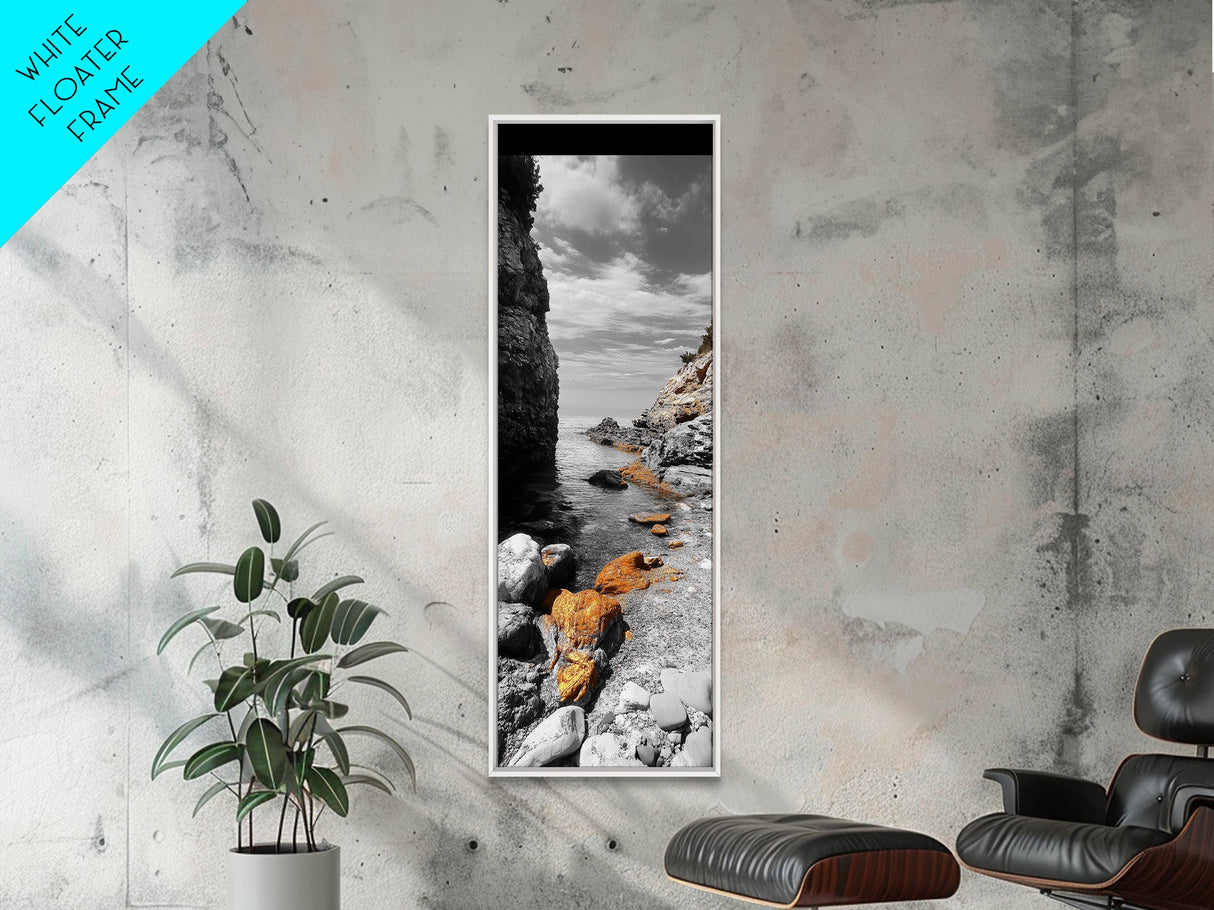 Golden Rocks, Ocean Cove, Tranquil Shoreline, Nature Wall Decor, Canvas Print, Modern Coastal Art, Bathroom or Hallway Wall Art, Neutral Tones