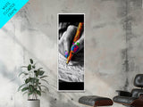 Vibrant Nails, Artistic Pen, Writing Closeup, Framed Canvas Print, Bold Office Wall Art, Pop Art Style, Creative Studio Decor
