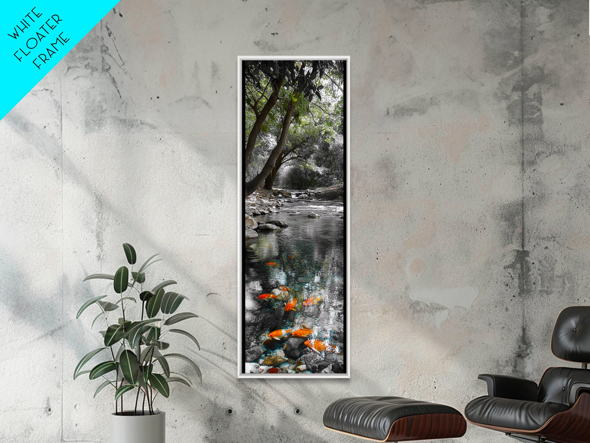 Koi Pond, Peaceful Water, Zen Garden Vibes, Orange Fish, Reflective Nature, Framed Canvas Print, Serene Bedroom Wall Art, Living Room Art