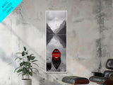 Red Canoe, Mountain Lake, Minimalist Reflection, Snowy Peaks, Framed Canvas Print, Nordic Cabin Wall Art, Serene Bedroom Decor