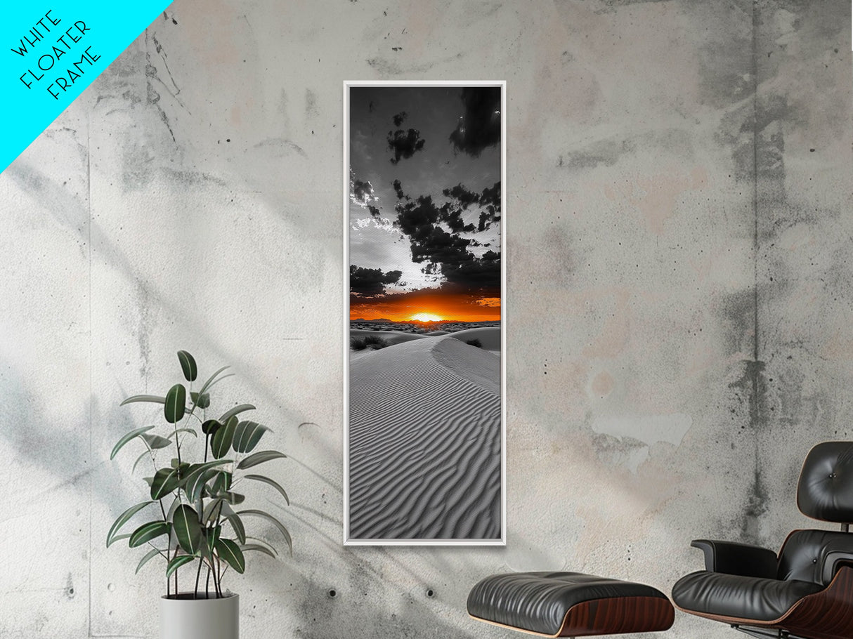 Desert Sunset, Sand Dunes, Fiery Horizon, Dramatic Sky, Framed Canvas Print, Modern Living Room Wall Art, Boho Earth Tone Decor