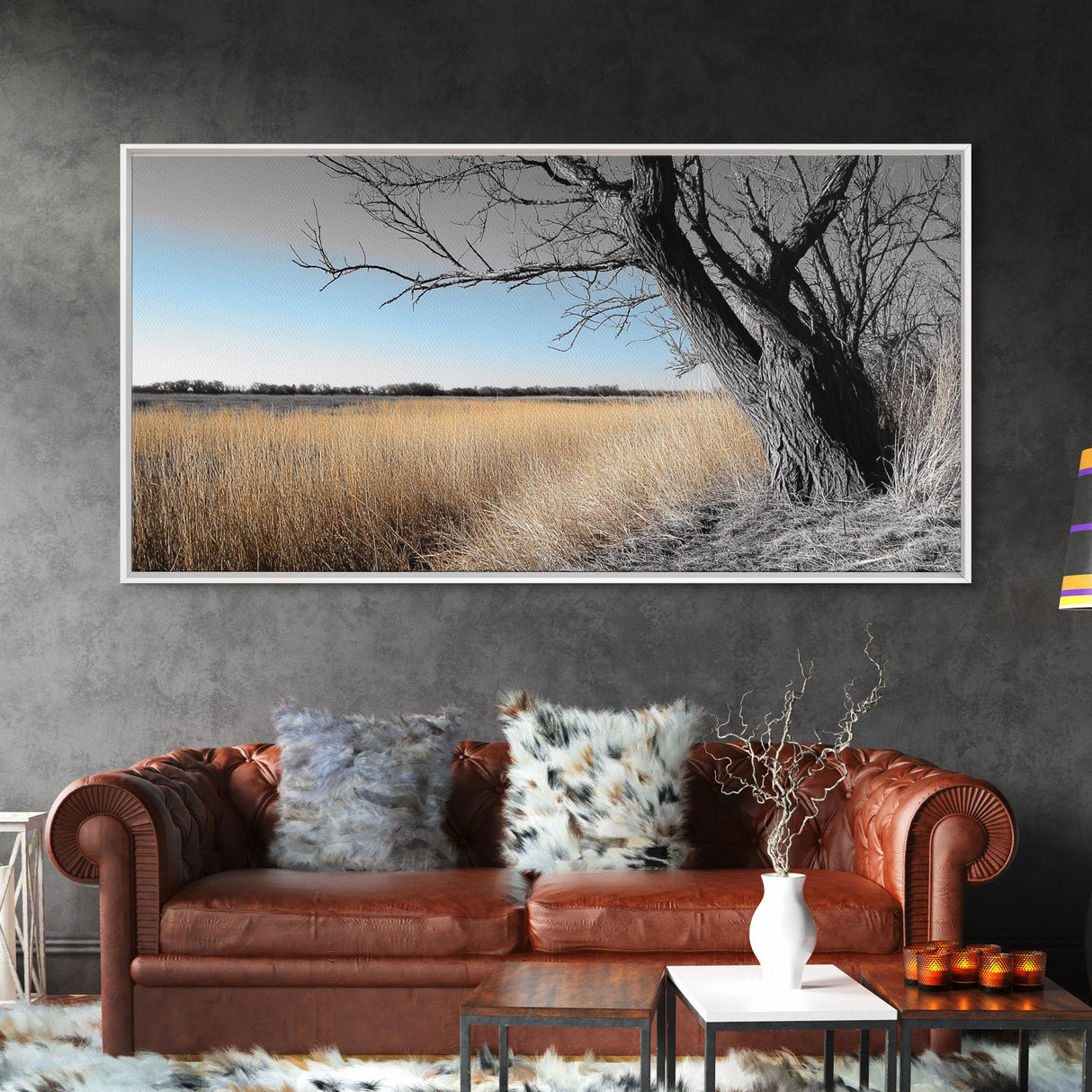 Open Plains, Blue Sky, Rustic Tree, Minimalist Field, Canvas Print, Country Style Wall Art, Farmhouse Hallway Decor, Soft Landscape Mood