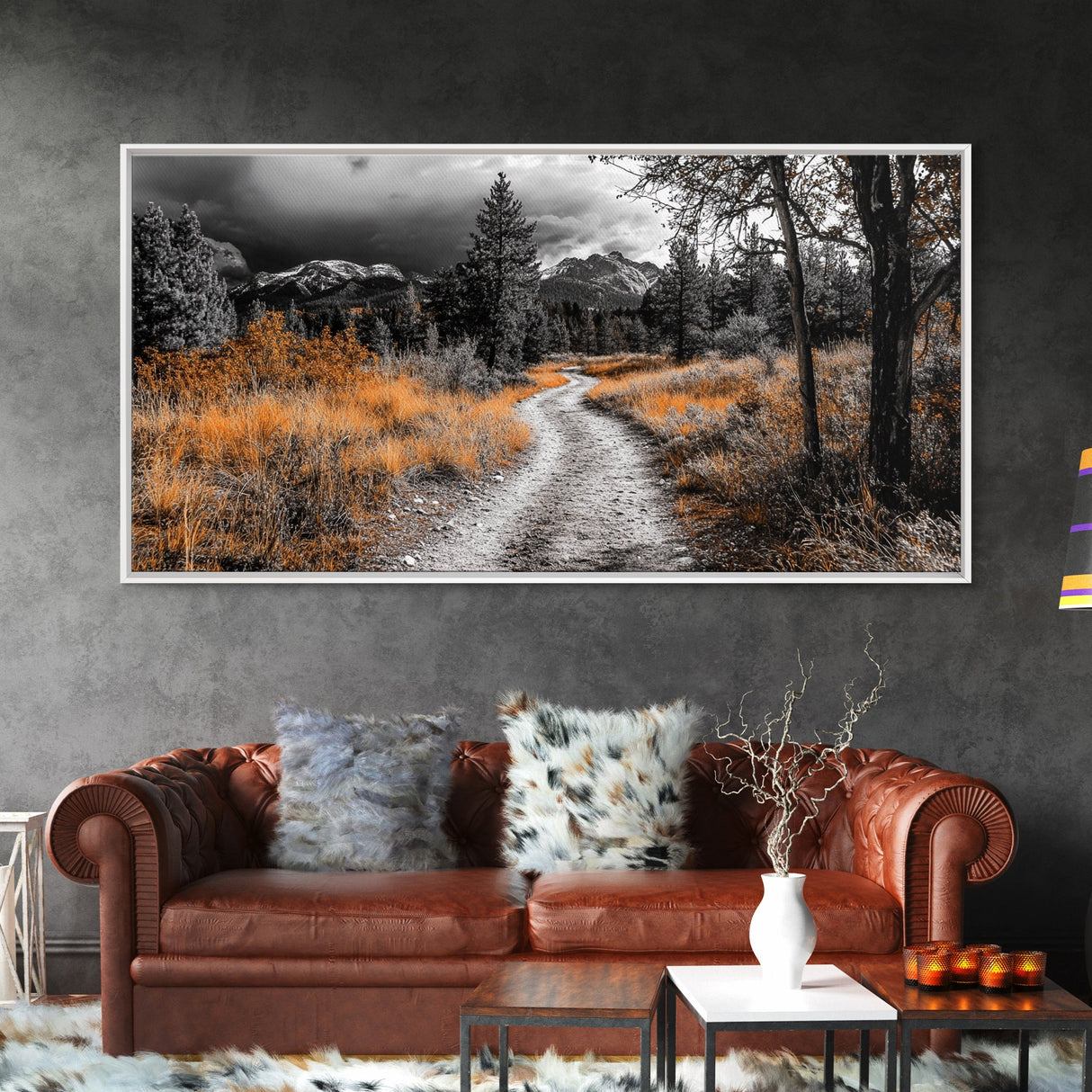 Fall Path, Mountain Trail, Autumn Forest, Golden Grass, Canvas Print, Cabin Wall Art, Cozy Living Room Decor, Nature Lover Fall Print
