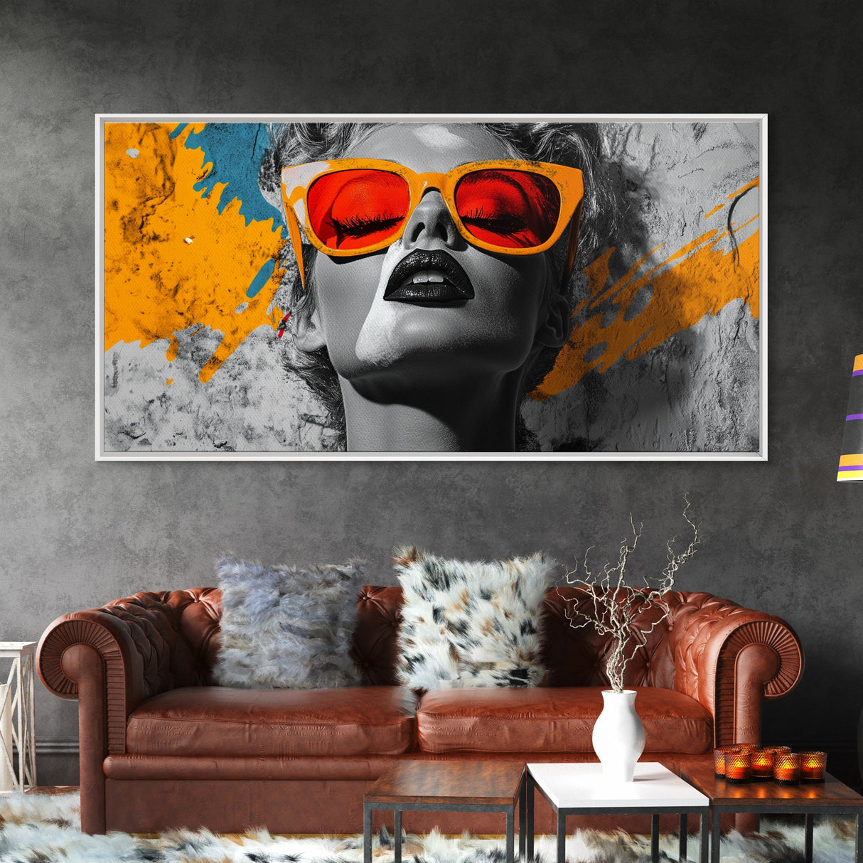 Retro Glam, Bold Woman, Pop Art Fashion, Orange Splash, Framed Canvas Print, Bedroom Wall Art, Modern Glam Decor, Statement Wall Piece
