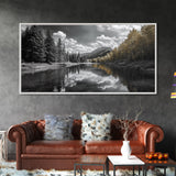 Lake, Mountains, Trees, Reflective mountain lake landscape in this Framed Canvas Print, peaceful Nature Lover Living Room Wall Art
