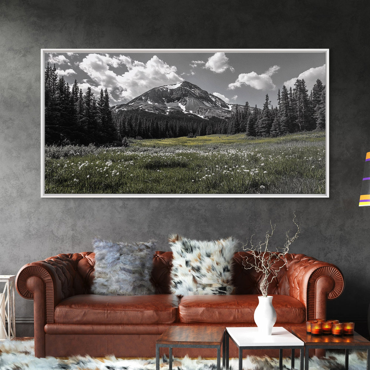 Mountain, Meadow, Wildflowers, Alpine meadow bloom and majestic peak on this Framed Canvas Print, serene Nature Wall Art for Entryway