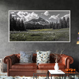 Mountain, Meadow, Wildflowers, Alpine meadow bloom and majestic peak on this Framed Canvas Print, serene Nature Wall Art for Entryway