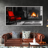 Fireplace, Red Chair, Cozy firelight and bold red accent chair on this Framed Canvas Print, Cozy Fall Living Room Art, Cabin Decor Accent