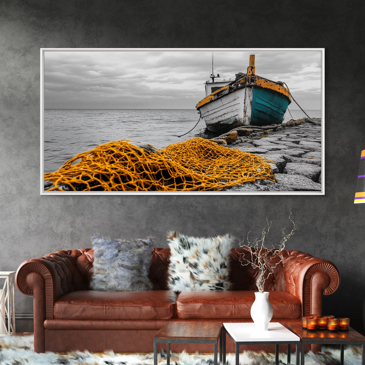 Fishing Boat, Coastal Life, Yellow Net, Framed Canvas Print, Nautical Decor, Beach House Wall Art, Seaside Photography, Ocean Lover Gift