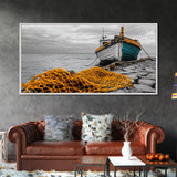Fishing Boat, Coastal Life, Yellow Net, Framed Canvas Print, Nautical Decor, Beach House Wall Art, Seaside Photography, Ocean Lover Gift