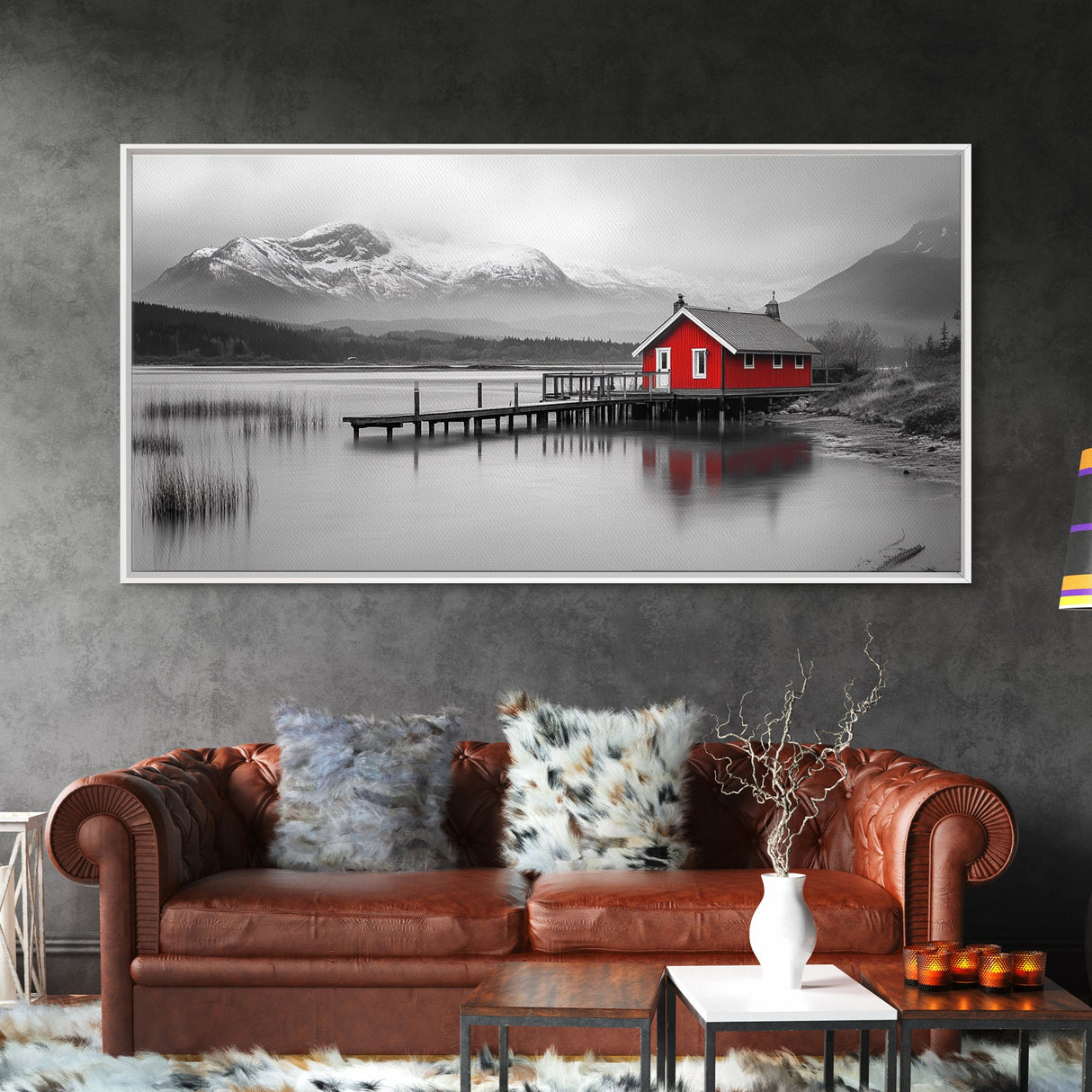 Red Cabin, Lake House, Mountain Reflection, Framed Canvas Print, Nordic Art, Winter Landscape, Bedroom Wall Art, Modern Minimalist Decor
