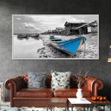 Blue Boat, Shore Village, Coastal Charm, Framed Canvas Print, Rustic Fishing Art, Seaside Home Decor, Nautical Style, Ocean Wall Art