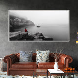 Red Hoodie, Ocean Cliff, Misty Silence, Framed Canvas Print, Minimalist Solitude Art, Mental Health Awareness, Bedroom Wall Decor, Calm Scene