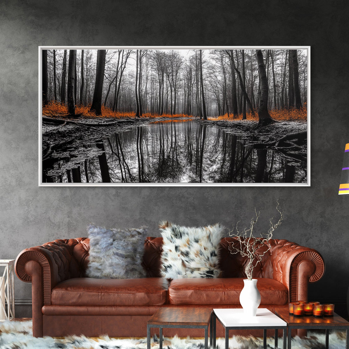 Reflected Forest, Orange Leaves, Tranquil River, Monochrome Fall, Canvas Print, Rustic Decor, Bedroom Wall Art, Woodland Scene