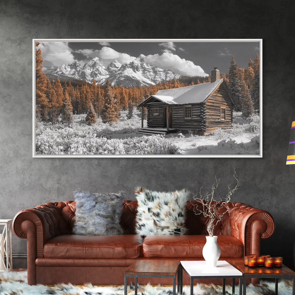 Snowy Cabin, Winter Landscape, Mountain Lodge, Rustic Retreat, Framed Canvas Print, Cozy Wall Art, Cabin Living, Holiday Decor