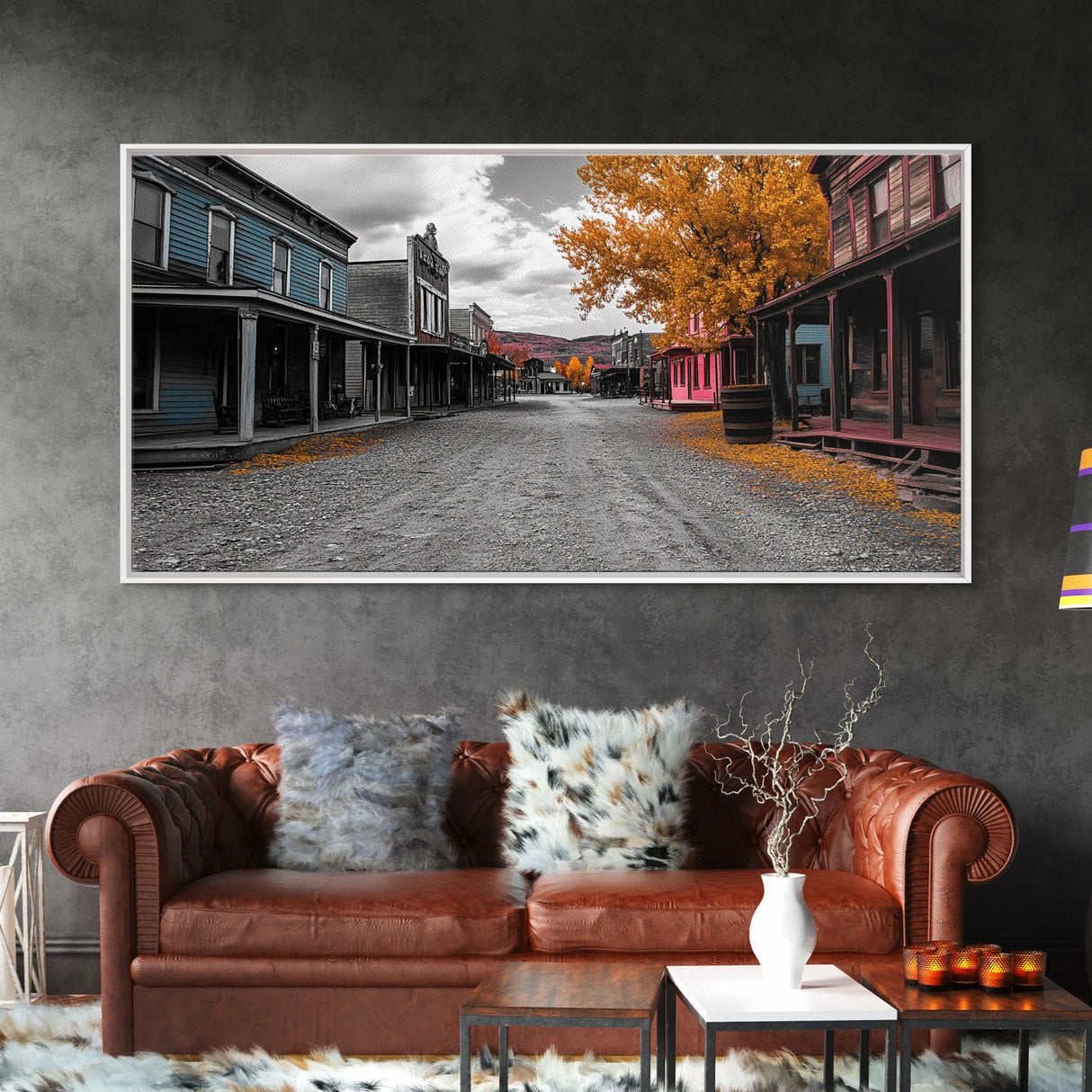Wild West Town, Autumn Trees, Empty Street, Color Pop, Framed Canvas Print, Rustic Wall Decor, Hallway Art, Americana Style
