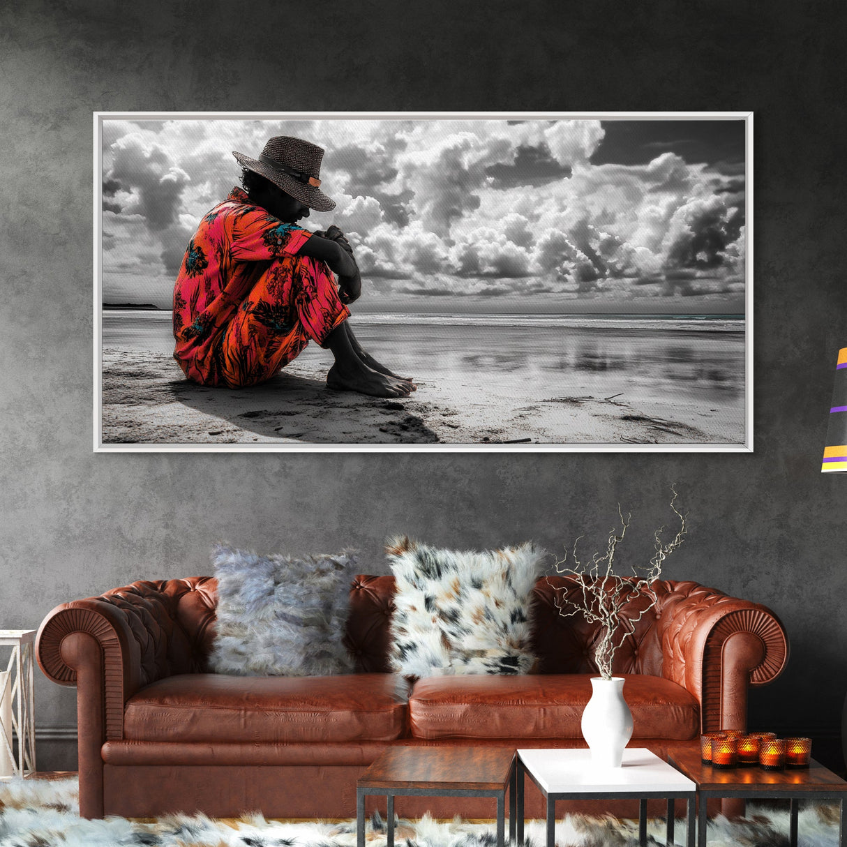 Island Dreaming, Beach Vibes, Serene Reflection, Cultural Portrait, Framed Canvas Print, Living Room Wall Art, Peaceful Coastal Scene