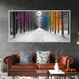 Snowy Pines, Rainbow Forest, Winter Walkway, Colorful Trees, Canvas Print, Whimsical Art, Nursery Wall Art, Minimalist Nature Style