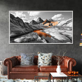 Glacial Canyon, Orange Reflection, Monochrome Mountain, Fall Landscape, Framed Canvas Print, Rustic Wall Decor, Adventure Photography