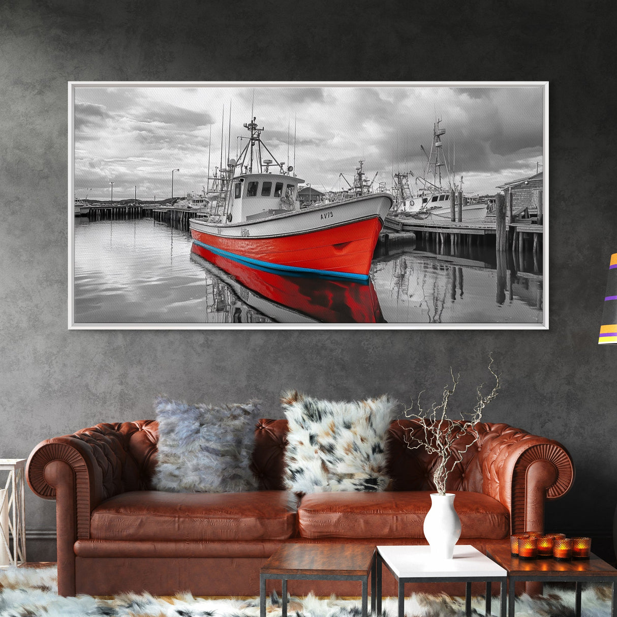 Red Boat, Dock Reflections, Moody Sky, Harbor Life, Framed Canvas Print, Nautical Wall Decor, Coastal Art, Living Room Art, Maritime Style