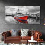 Red Boat, Dock Reflections, Moody Sky, Harbor Life, Framed Canvas Print, Nautical Wall Decor, Coastal Art, Living Room Art, Maritime Style