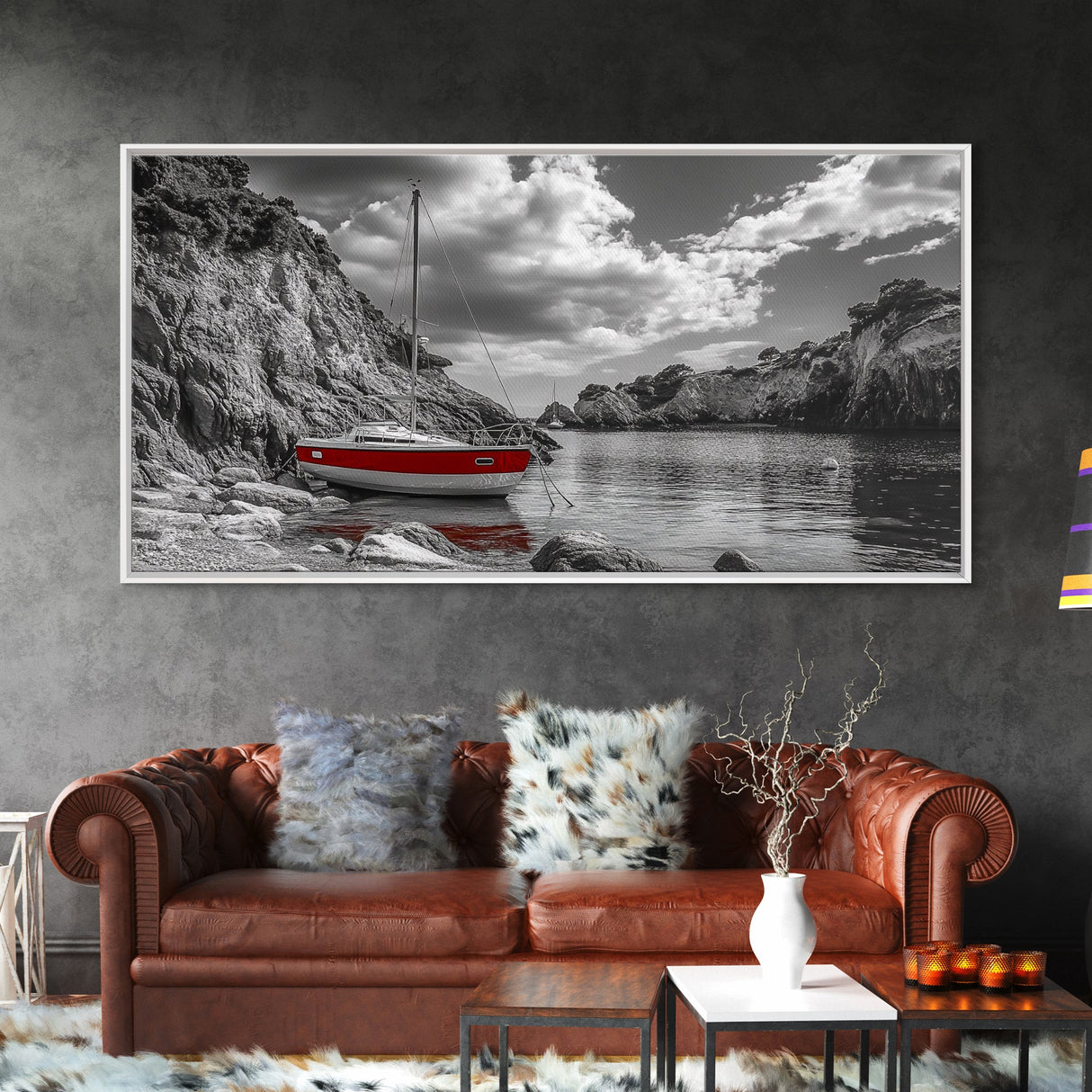 Red Sailboat, Rocky Cove, Tranquil Water, Coastal Escape, Canvas Print, Nautical Wall Art, Minimalist Seaside Style, Black White Art