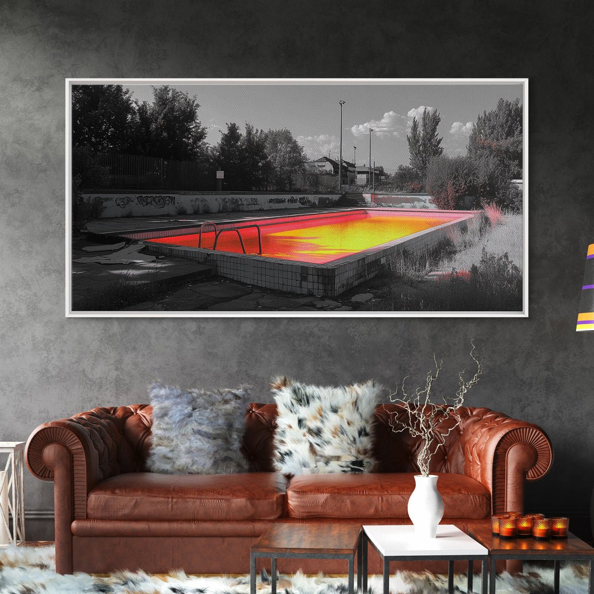 Abandoned Pool, Neon Water, Urban Decay, Vivid Glow, Canvas Print, Grunge Wall Art, Teen Bedroom Decor, Street Photography, Color Pop