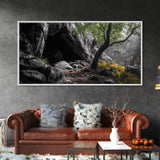 Forest Cave, Green Tree, Yellow Wildflowers, Peaceful Nature, Framed Canvas Print, Rustic Wall Decor, Cabin Living Room Art, Landscape