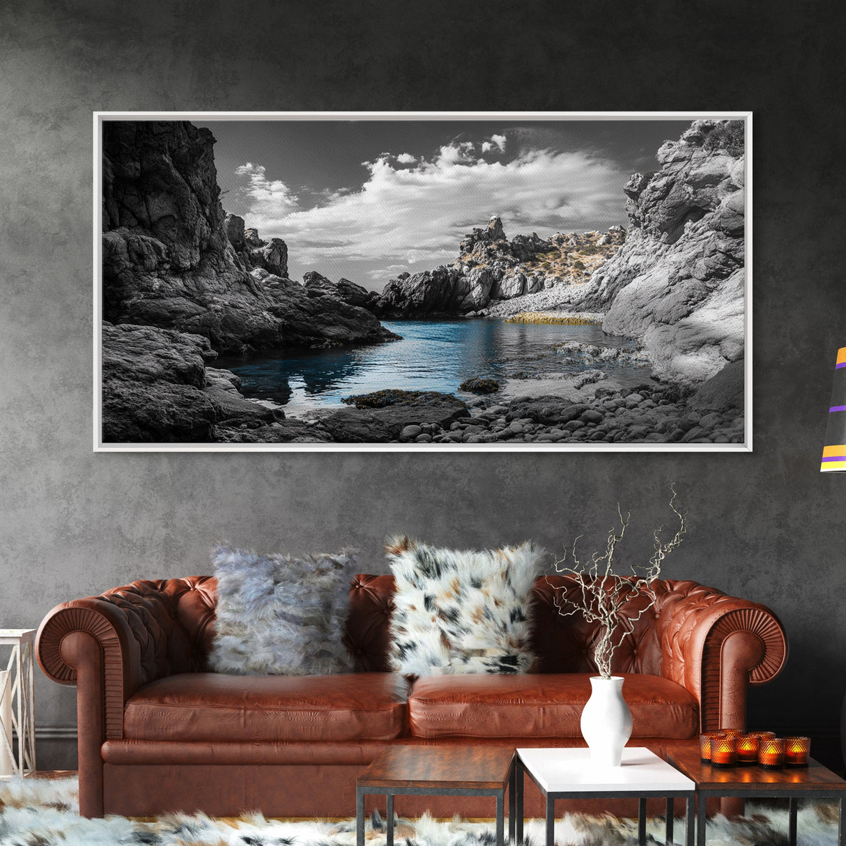 Hidden Cove, Blue Waters, Rugged Coast, Rocky Escape, Canvas Print, Nature Wall Art, Minimalist Seascape, Monochrome Landscape