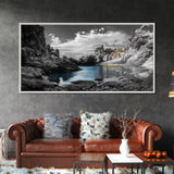 Hidden Cove, Blue Waters, Rugged Coast, Rocky Escape, Canvas Print, Nature Wall Art, Minimalist Seascape, Monochrome Landscape