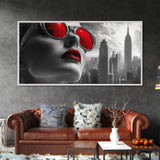 Red Lips, Urban Glam, High Fashion, City Vibes – Framed Canvas Print, Modern Pop Art, Living Room Wall Art, Bold Aesthetic, Edgy Decor