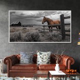 Rustic Horse, Country Fence, Western Scene, Moody Skies – Framed Canvas Print, Farmhouse Wall Art, Autumn Decor, Cabin Living, Cowboy Vibe