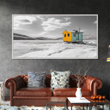 Yellow Cabin, Frozen Lake, Snowy Escape, Winter Minimalism – Framed Canvas Print, Scandinavian Wall Art, Cozy Living Room, Nordic Style