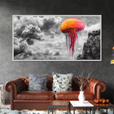 Orange Jellyfish, Floating Creature, Surreal Sky, Dreamlike Scene – Canvas Print, Nautical Wall Art, Living Room Piece, Ocean Fantasy