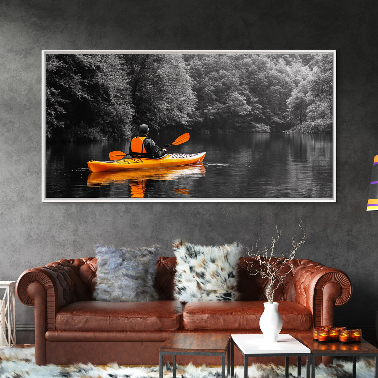 Kayaker Journey, Autumn Paddle, Wilderness Escape, Forest Calm – Canvas Print, Adventure Wall Art, Man Cave Decor, Nature Exploration Scene