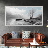Solitary Boat, Alpine Lake, Tranquil Shore, Winter Silence – Canvas Print, Minimalist Wall Art, Bedroom Decor, Scandinavian Aesthetic