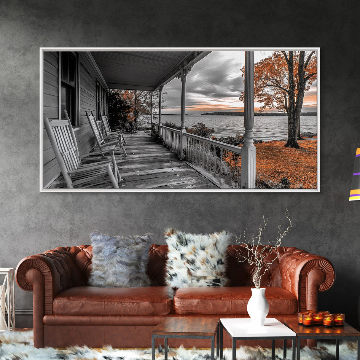 Lake Porch, Autumn Trees, Rocking Chairs, Sunset Serenity – Canvas Print, Fall Wall Art, Country Home Decor, Rustic Americana Landscape