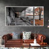 Lake Porch, Autumn Trees, Rocking Chairs, Sunset Serenity – Canvas Print, Fall Wall Art, Country Home Decor, Rustic Americana Landscape