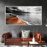 Sunset Shore, Moody Coastline, Crimson Reflections, Stormy Skies – Framed Canvas Print, Beach Wall Art, Coastal Living Room Decor