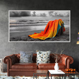 Towel Beach, Ocean Breeze, Coastal Comfort, Relaxing Seascape, Framed Canvas Print, Bathroom Wall Art, Bold Colors, Summer Vibes