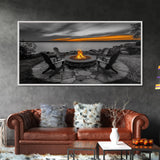 Fire Pit, Sunset Glow, Adirondack Chairs, Lake View, Framed Canvas Print, Fall Wall Art, Rustic Decor, Cozy Living Room Wall Accent