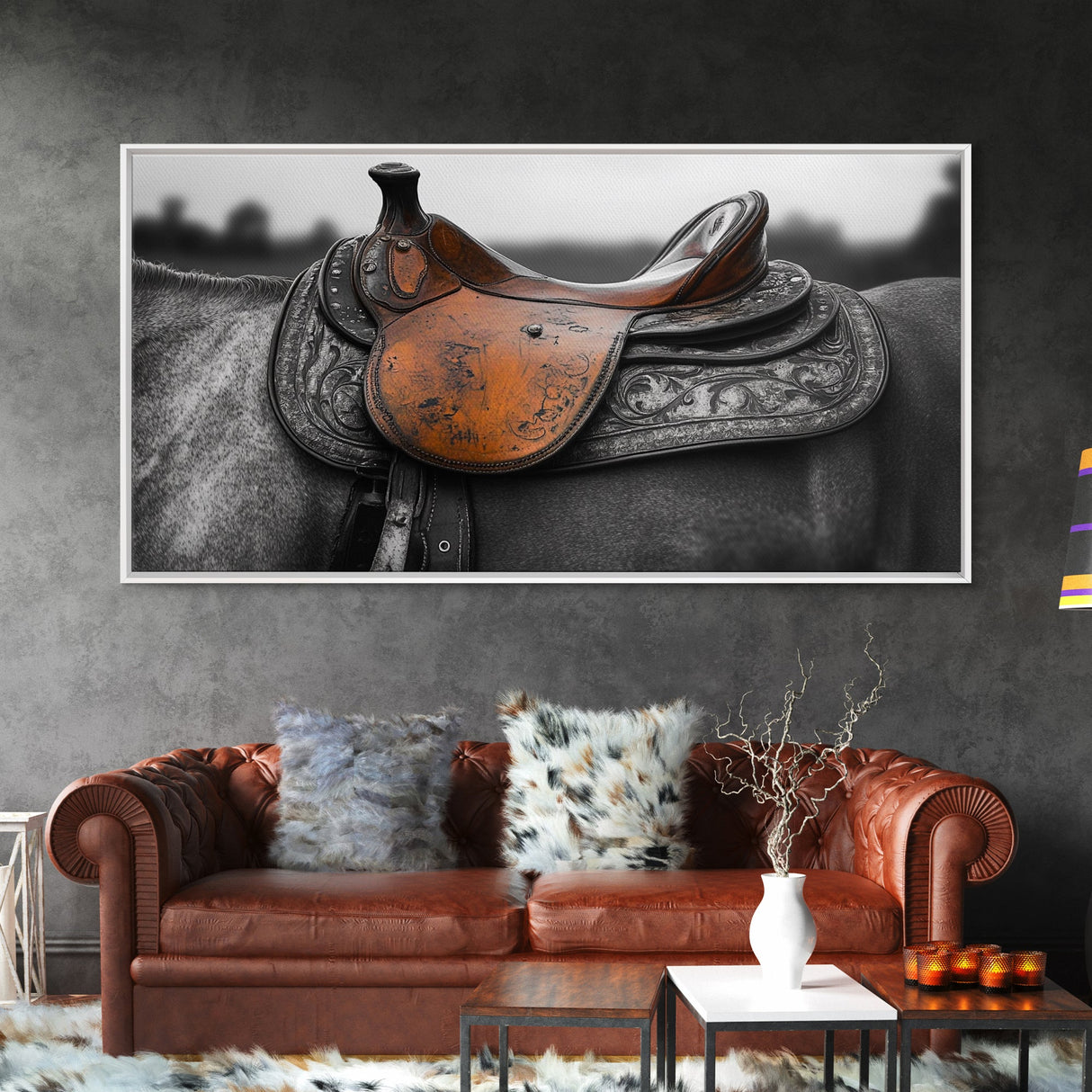 Western Saddle, Leather Detail, Horseback Art, Rustic Charm, Framed Canvas Print, Cowboy Wall Art, Farmhouse Decor, Equestrian Living Room
