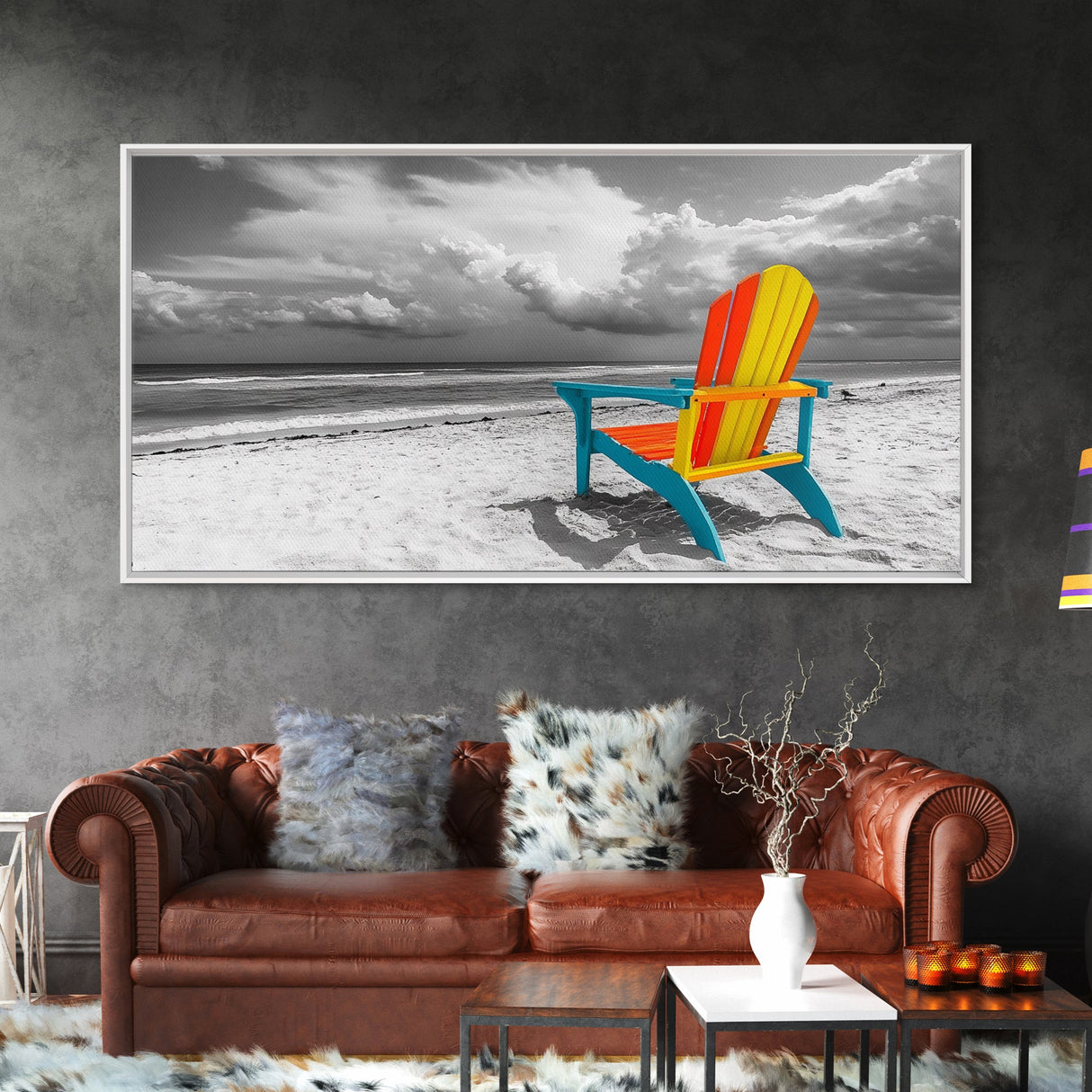 Chair Seaside, Colorful View, Coastal Relaxation, Minimalist Beach, Framed Canvas Print, Sunroom Wall Art, Summer Beach Escape