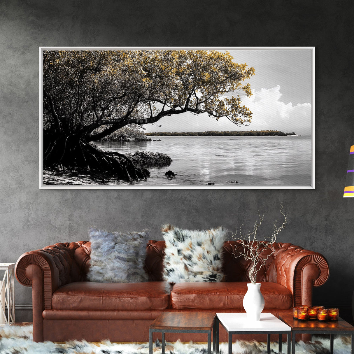 Mangrove Tree, Coastal Roots, Golden Leaves, Ocean View, Framed Canvas Print, Beach House Art, Nature Wall Decor, Minimal Coastal Vibe