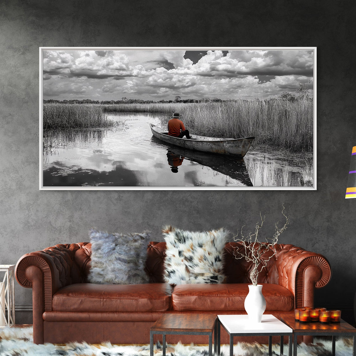 Solitary Canoe, Peaceful Waters, Cloudy Sky, Red Shirt, Framed Canvas Print, Nature Explorer Gift, Cabin Wall Art, Rustic Fall Scene