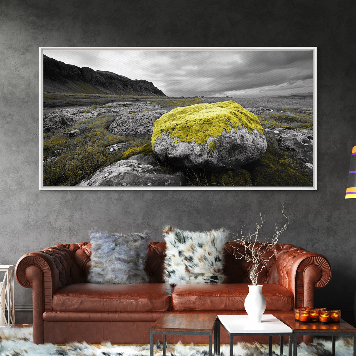 Yellow Moss Rock, Moody Nature Photography, Icelandic Landscape Art, Wilderness Inspired Canvas Print, Rustic Cabin Wall Decor