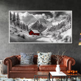 Red Cabin, Winter Mountains, Snow Forest, Canvas Print, Christmas Wall Art, Rustic Lodge Decor, Landscape Photography, Bedroom Art