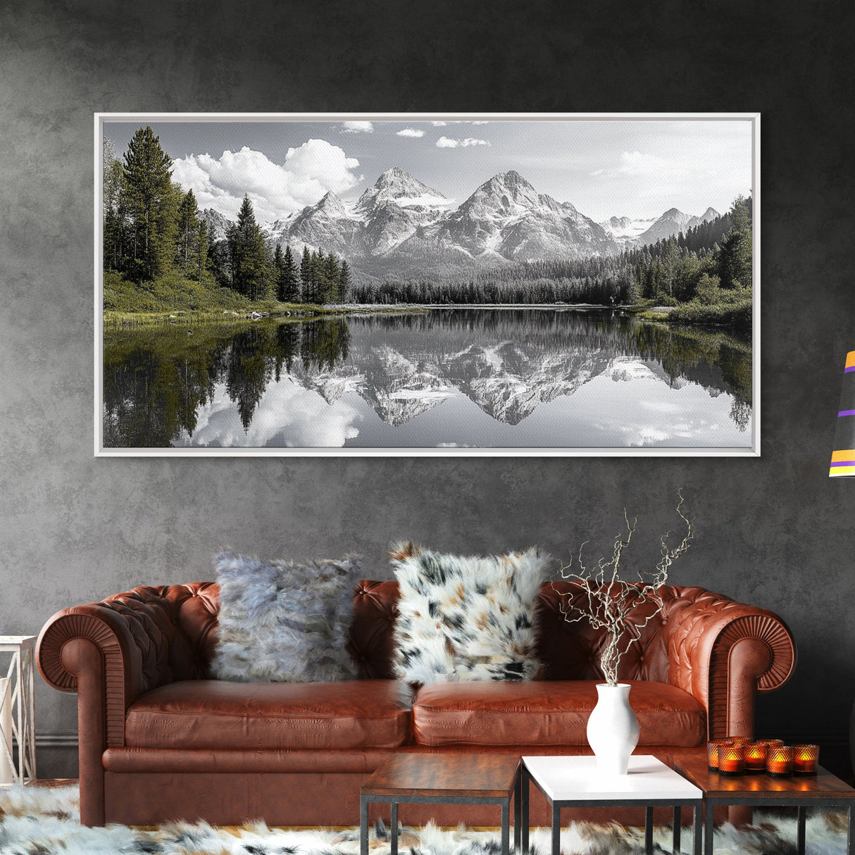 Serene Lake, Snowy Peaks, Forest Reflection, Canvas Print, Nature Photography, Modern Living Room Art, Black White Green Decor