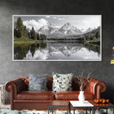 Serene Lake, Snowy Peaks, Forest Reflection, Canvas Print, Nature Photography, Modern Living Room Art, Black White Green Decor